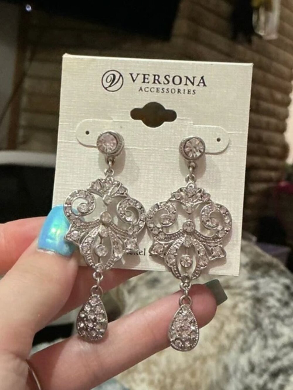 Versona Silver Tone Rhinestone Filigree Chandelier Earrings NWT